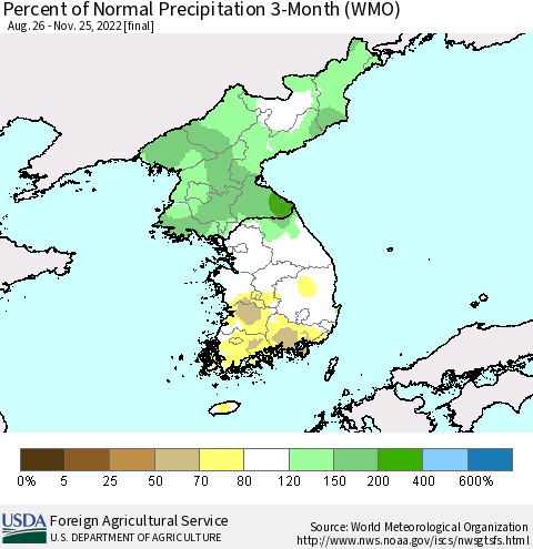Korea Percent of Normal Precipitation 3-Month (WMO) Thematic Map For 8/26/2022 - 11/25/2022
