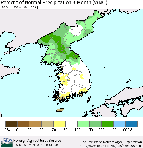 Korea Percent of Normal Precipitation 3-Month (WMO) Thematic Map For 9/6/2022 - 12/5/2022