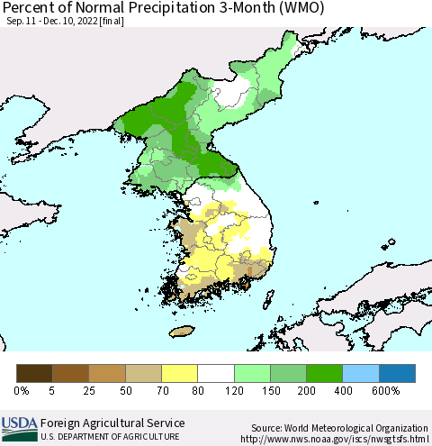 Korea Percent of Normal Precipitation 3-Month (WMO) Thematic Map For 9/11/2022 - 12/10/2022