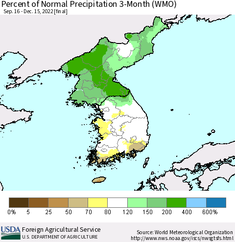 Korea Percent of Normal Precipitation 3-Month (WMO) Thematic Map For 9/16/2022 - 12/15/2022