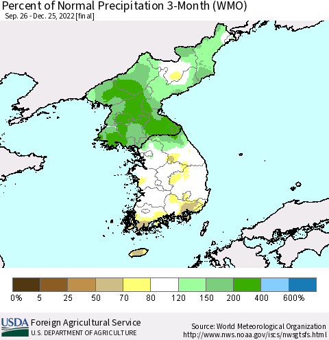 Korea Percent of Normal Precipitation 3-Month (WMO) Thematic Map For 9/26/2022 - 12/25/2022