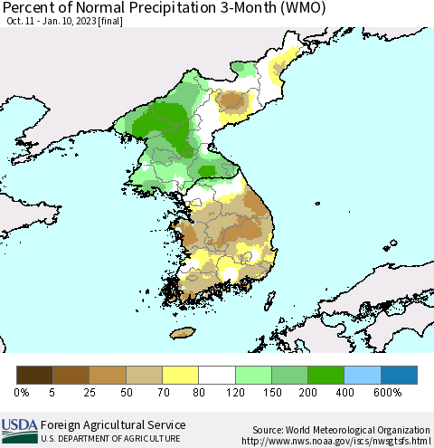 Korea Percent of Normal Precipitation 3-Month (WMO) Thematic Map For 10/11/2022 - 1/10/2023