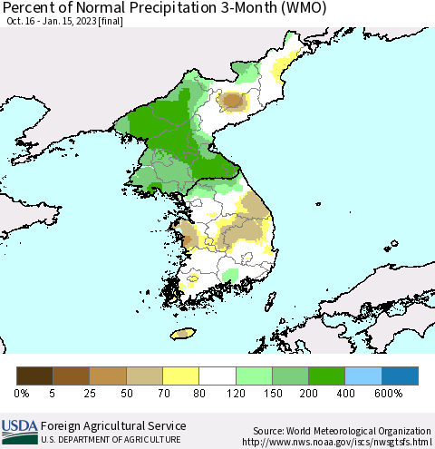 Korea Percent of Normal Precipitation 3-Month (WMO) Thematic Map For 10/16/2022 - 1/15/2023
