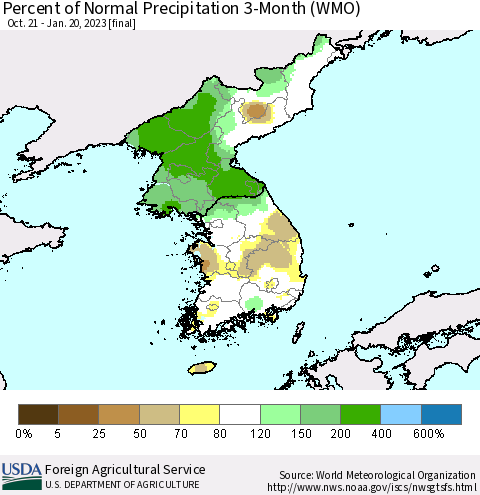 Korea Percent of Normal Precipitation 3-Month (WMO) Thematic Map For 10/21/2022 - 1/20/2023