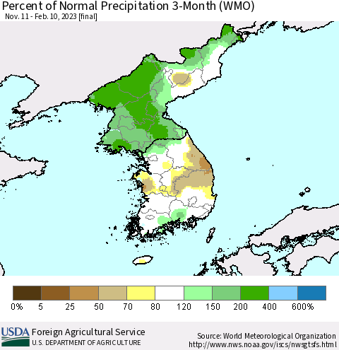 Korea Percent of Normal Precipitation 3-Month (WMO) Thematic Map For 11/11/2022 - 2/10/2023