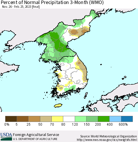 Korea Percent of Normal Precipitation 3-Month (WMO) Thematic Map For 11/26/2022 - 2/25/2023