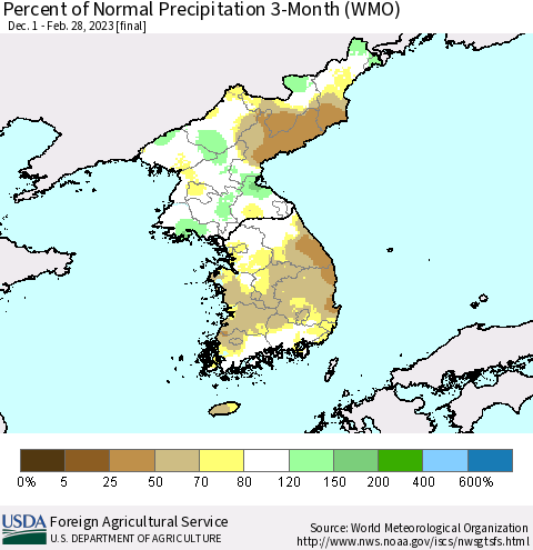 Korea Percent of Normal Precipitation 3-Month (WMO) Thematic Map For 12/1/2022 - 2/28/2023