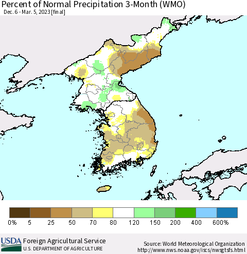 Korea Percent of Normal Precipitation 3-Month (WMO) Thematic Map For 12/6/2022 - 3/5/2023