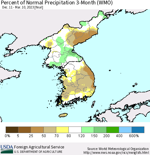 Korea Percent of Normal Precipitation 3-Month (WMO) Thematic Map For 12/11/2022 - 3/10/2023