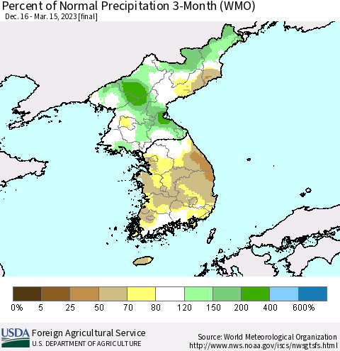 Korea Percent of Normal Precipitation 3-Month (WMO) Thematic Map For 12/16/2022 - 3/15/2023