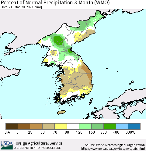 Korea Percent of Normal Precipitation 3-Month (WMO) Thematic Map For 12/21/2022 - 3/20/2023