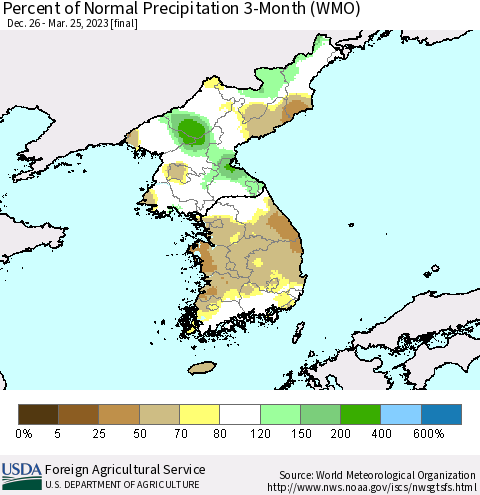 Korea Percent of Normal Precipitation 3-Month (WMO) Thematic Map For 12/26/2022 - 3/25/2023