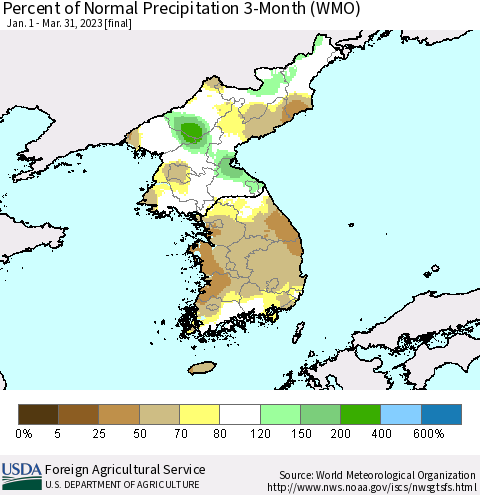 Korea Percent of Normal Precipitation 3-Month (WMO) Thematic Map For 1/1/2023 - 3/31/2023