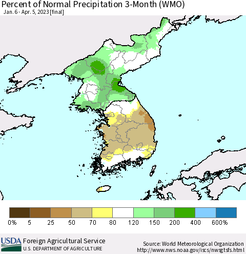 Korea Percent of Normal Precipitation 3-Month (WMO) Thematic Map For 1/6/2023 - 4/5/2023