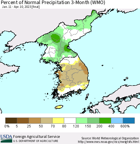 Korea Percent of Normal Precipitation 3-Month (WMO) Thematic Map For 1/11/2023 - 4/10/2023