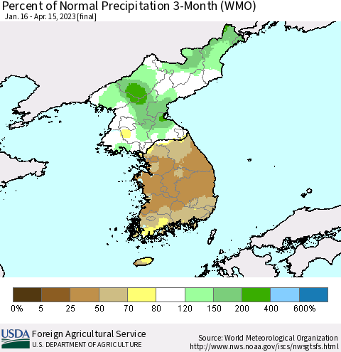 Korea Percent of Normal Precipitation 3-Month (WMO) Thematic Map For 1/16/2023 - 4/15/2023