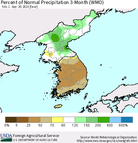 Korea Percent of Normal Precipitation 3-Month (WMO) Thematic Map For 2/1/2023 - 4/30/2023