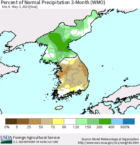 Korea Percent of Normal Precipitation 3-Month (WMO) Thematic Map For 2/6/2023 - 5/5/2023