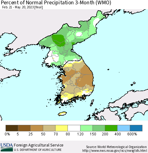 Korea Percent of Normal Precipitation 3-Month (WMO) Thematic Map For 2/21/2023 - 5/20/2023