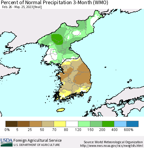 Korea Percent of Normal Precipitation 3-Month (WMO) Thematic Map For 2/26/2023 - 5/25/2023