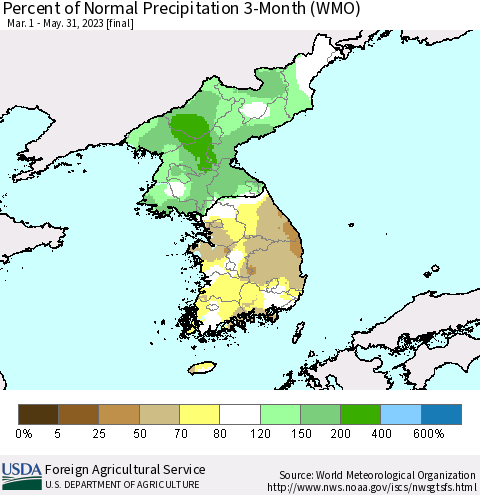 Korea Percent of Normal Precipitation 3-Month (WMO) Thematic Map For 3/1/2023 - 5/31/2023