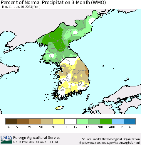 Korea Percent of Normal Precipitation 3-Month (WMO) Thematic Map For 3/11/2023 - 6/10/2023