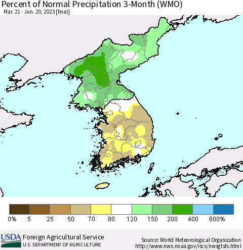Korea Percent of Normal Precipitation 3-Month (WMO) Thematic Map For 3/21/2023 - 6/20/2023