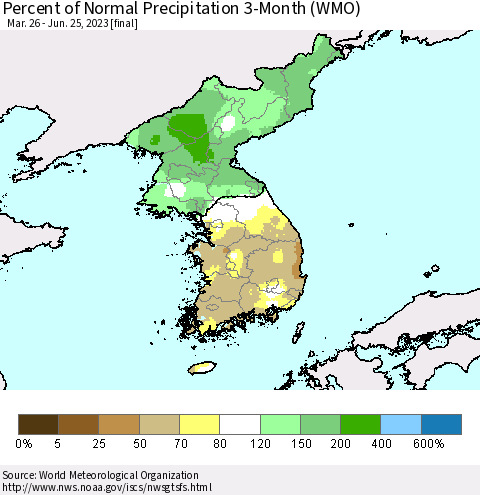 Korea Percent of Normal Precipitation 3-Month (WMO) Thematic Map For 3/26/2023 - 6/25/2023