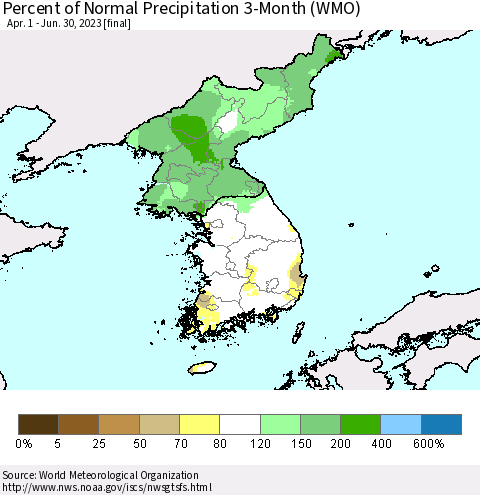 Korea Percent of Normal Precipitation 3-Month (WMO) Thematic Map For 4/1/2023 - 6/30/2023
