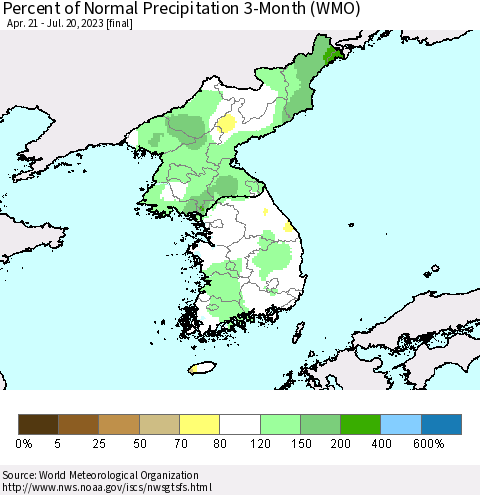 Korea Percent of Normal Precipitation 3-Month (WMO) Thematic Map For 4/21/2023 - 7/20/2023