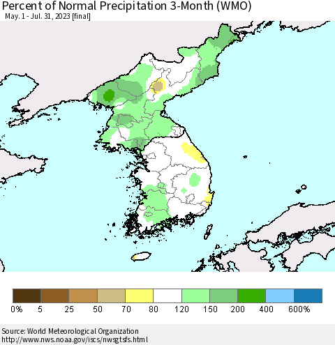 Korea Percent of Normal Precipitation 3-Month (WMO) Thematic Map For 5/1/2023 - 7/31/2023