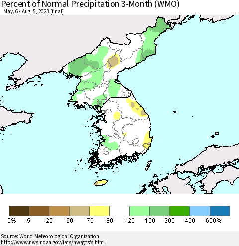 Korea Percent of Normal Precipitation 3-Month (WMO) Thematic Map For 5/6/2023 - 8/5/2023