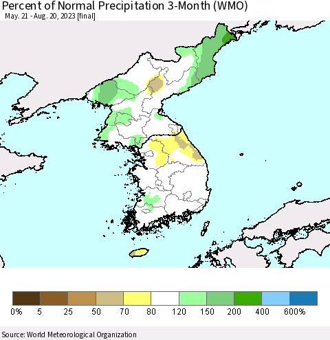 Korea Percent of Normal Precipitation 3-Month (WMO) Thematic Map For 5/21/2023 - 8/20/2023