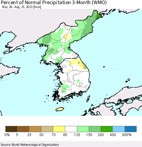 Korea Percent of Normal Precipitation 3-Month (WMO) Thematic Map For 5/26/2023 - 8/25/2023
