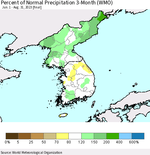 Korea Percent of Normal Precipitation 3-Month (WMO) Thematic Map For 6/1/2023 - 8/31/2023