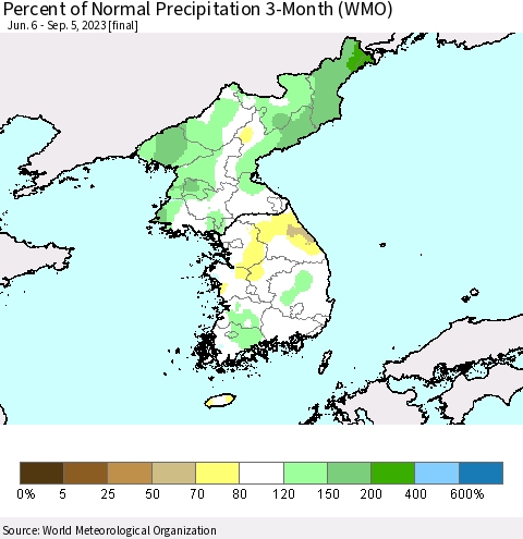 Korea Percent of Normal Precipitation 3-Month (WMO) Thematic Map For 6/6/2023 - 9/5/2023