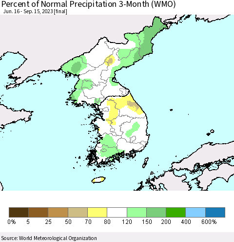 Korea Percent of Normal Precipitation 3-Month (WMO) Thematic Map For 6/16/2023 - 9/15/2023