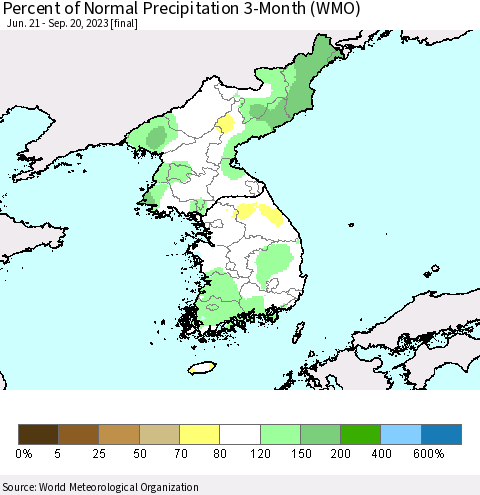 Korea Percent of Normal Precipitation 3-Month (WMO) Thematic Map For 6/21/2023 - 9/20/2023