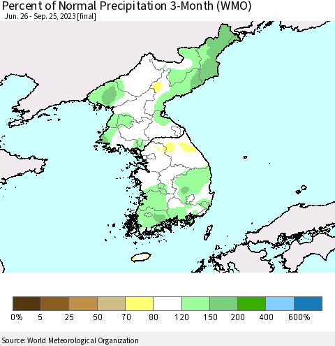 Korea Percent of Normal Precipitation 3-Month (WMO) Thematic Map For 6/26/2023 - 9/25/2023