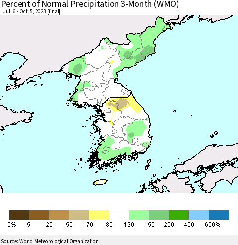 Korea Percent of Normal Precipitation 3-Month (WMO) Thematic Map For 7/6/2023 - 10/5/2023