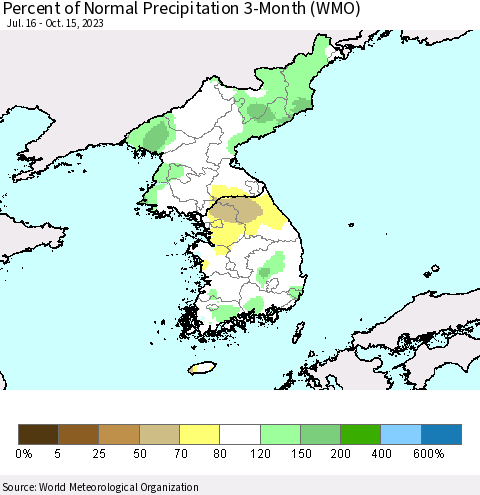 Korea Percent of Normal Precipitation 3-Month (WMO) Thematic Map For 7/16/2023 - 10/15/2023