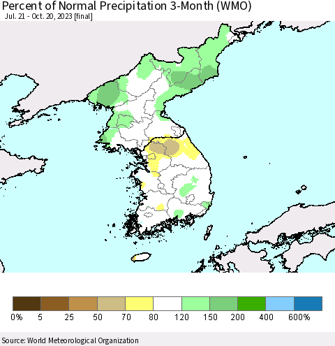 Korea Percent of Normal Precipitation 3-Month (WMO) Thematic Map For 7/21/2023 - 10/20/2023