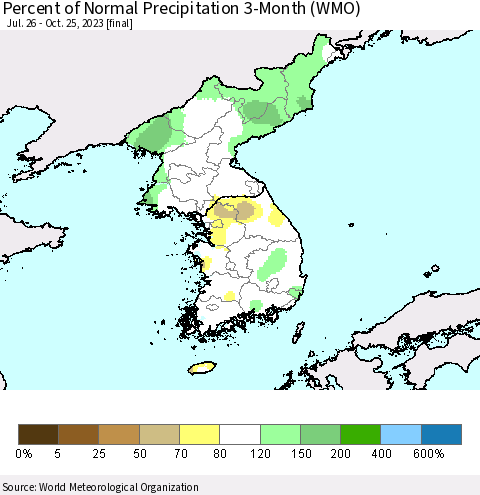Korea Percent of Normal Precipitation 3-Month (WMO) Thematic Map For 7/26/2023 - 10/25/2023