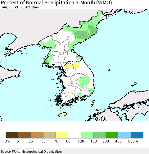 Korea Percent of Normal Precipitation 3-Month (WMO) Thematic Map For 8/1/2023 - 10/31/2023