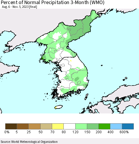 Korea Percent of Normal Precipitation 3-Month (WMO) Thematic Map For 8/6/2023 - 11/5/2023
