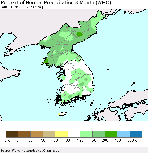 Korea Percent of Normal Precipitation 3-Month (WMO) Thematic Map For 8/11/2023 - 11/10/2023