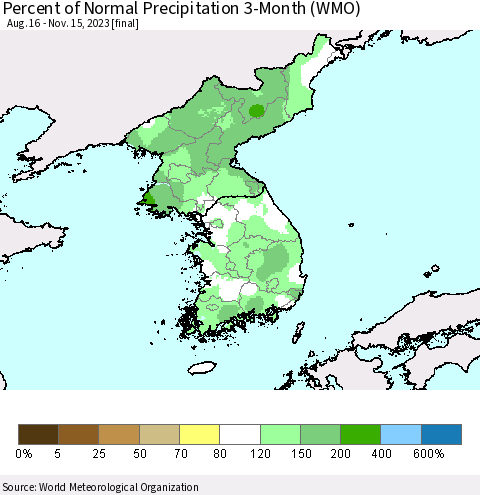Korea Percent of Normal Precipitation 3-Month (WMO) Thematic Map For 8/16/2023 - 11/15/2023