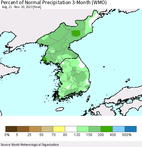 Korea Percent of Normal Precipitation 3-Month (WMO) Thematic Map For 8/21/2023 - 11/20/2023