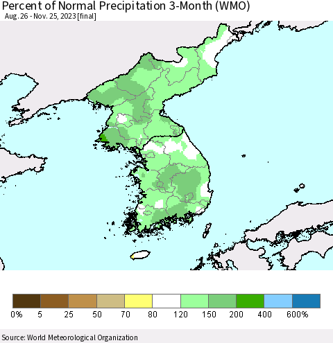 Korea Percent of Normal Precipitation 3-Month (WMO) Thematic Map For 8/26/2023 - 11/25/2023