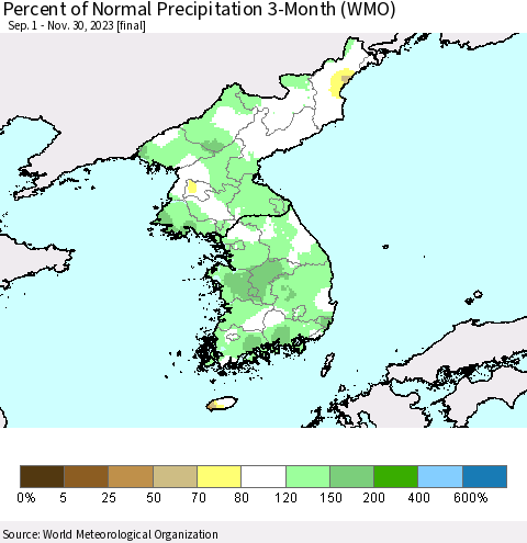 Korea Percent of Normal Precipitation 3-Month (WMO) Thematic Map For 9/1/2023 - 11/30/2023